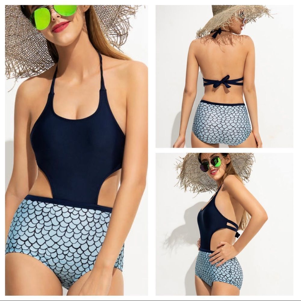 CUPSHE Mermaid Scale Cutout One-Piece Swimsuit Navy Blue Women’s Small